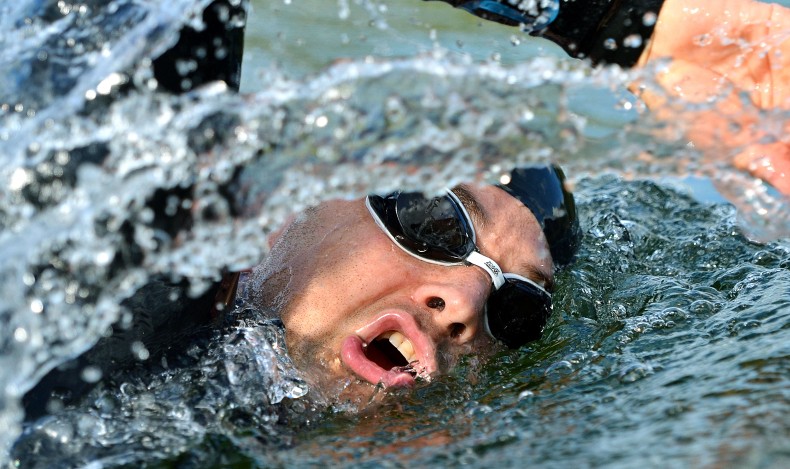 Open water swimmer wearing Endura goggles
