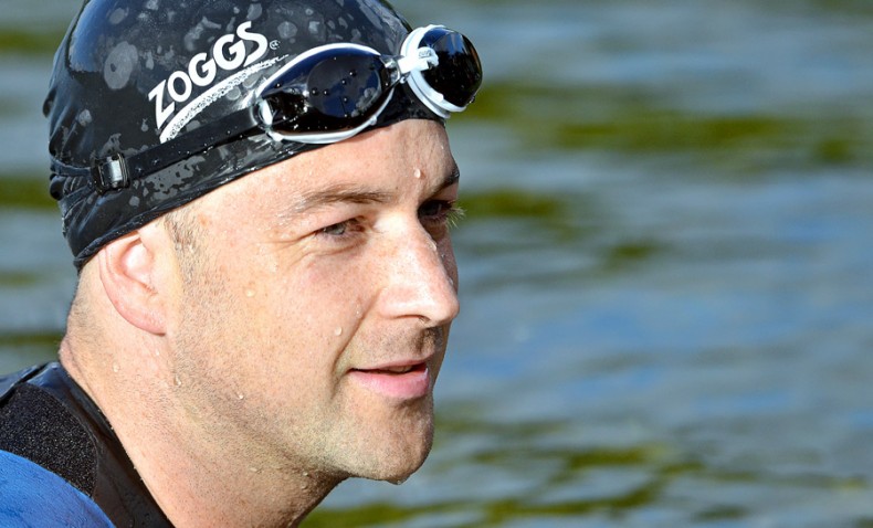 Open water swimmer wearing Zoggs goggles