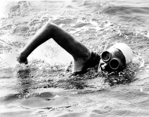 Florence Chadwick is shown four miles off the Dover shore during her record-breaking swim across the English Channel, England, on Aug. 8, 1950. The 31-year-old swimmer from San Diego, Ca., arrived at Dover, Kent, 13 hours and 28 minutes after leaving Cap Gris Nez, France. Chadwick broke the women's record of 14 hours and 34 minutes set in 1926 by Gertrude Ederle. (AP Photo)