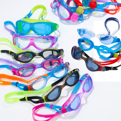 assorted mirrored, colour tinted and clear swimming goggles