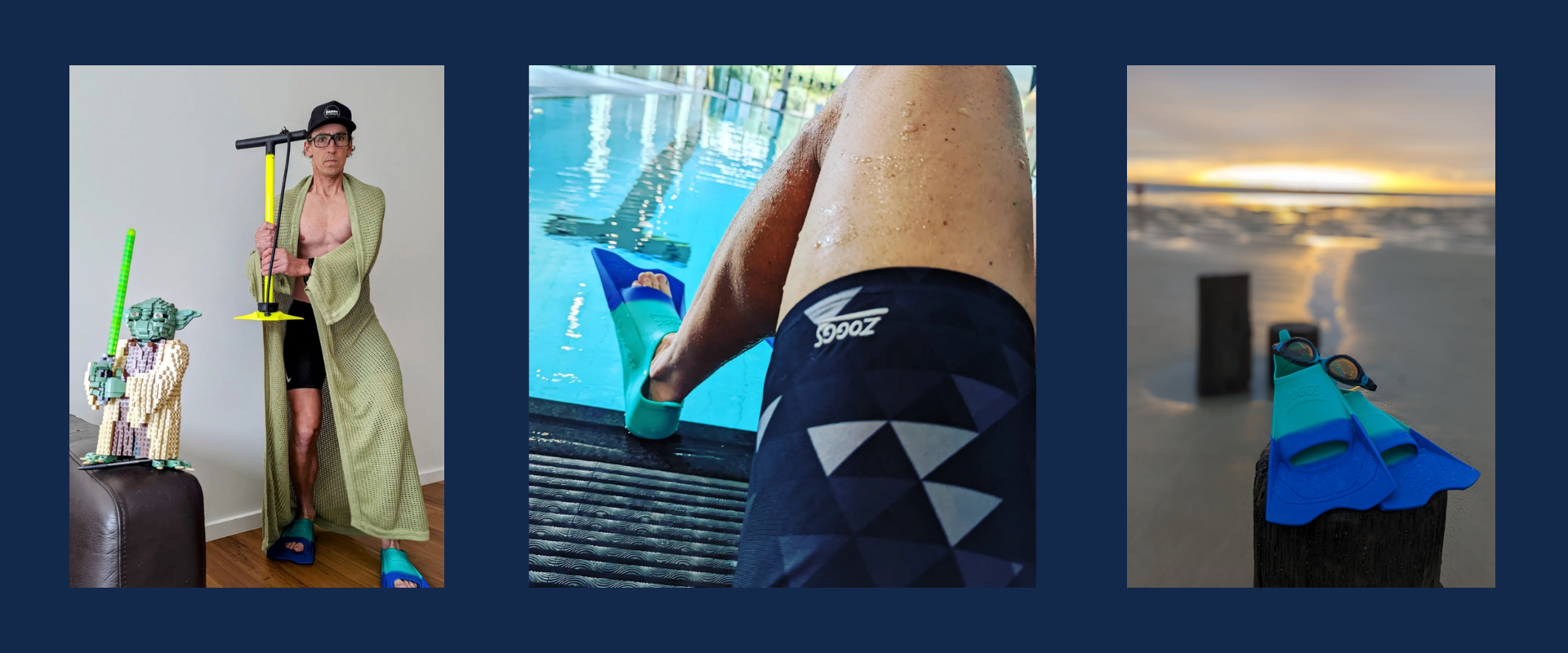 two images side by side one of adam wearing his short blade find by the pool and one of the short blade fins by the ocean 
