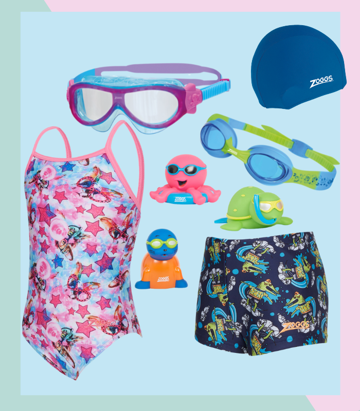 collage of swimwear, pool toys and kids goggles 