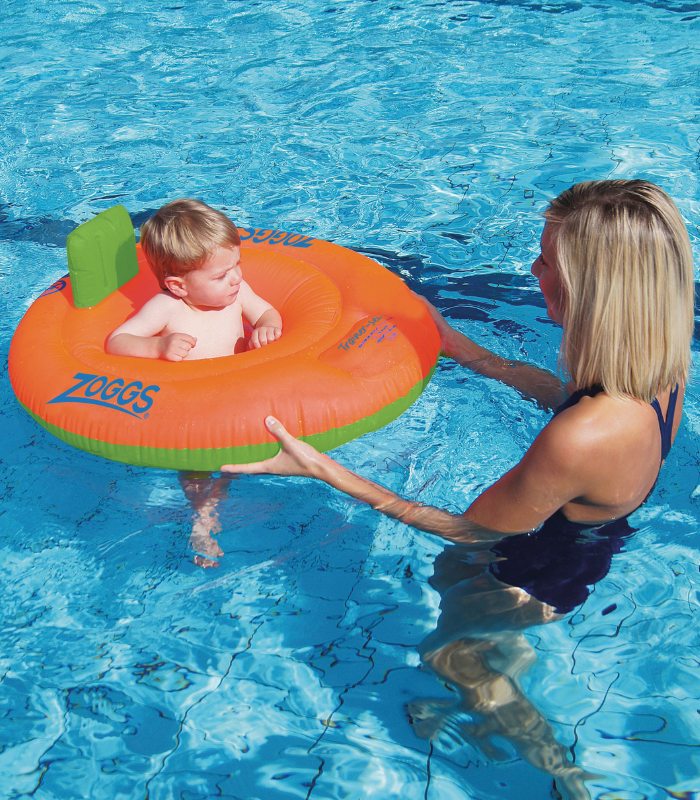 mum and kid in pool in inflatable training seat