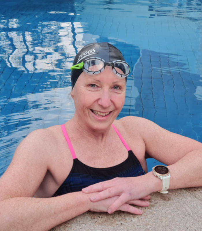 Sandy Rogers wearing Predator goggles in a pool 