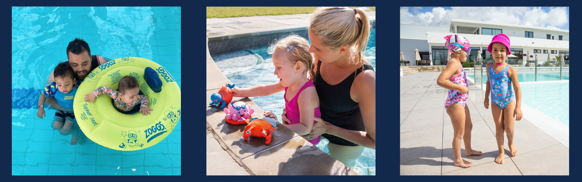 collage image 1 has family in water together image 2 has girl with mum in pool with soakers image 3 has 2 girls next to the pool in swimwear 